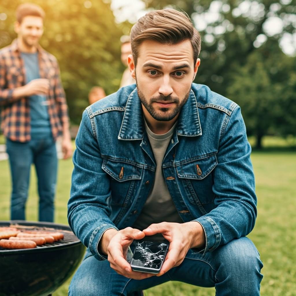 A man holds a Broken phone at a cookout event