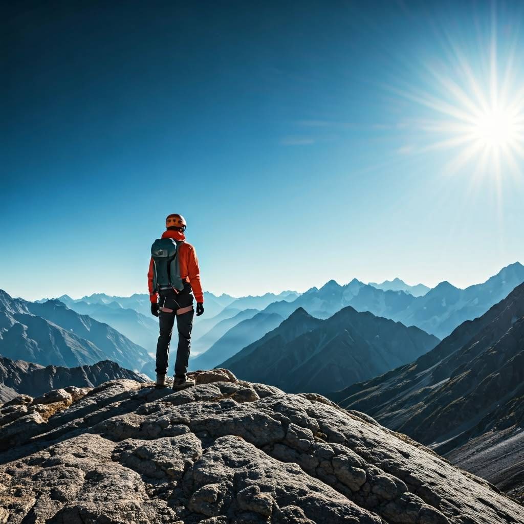 hiker at mountain peak crest looking over the landscape